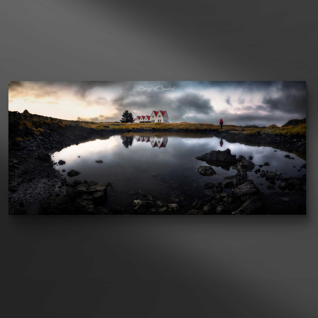 cuadro paisaje pueblo y lago de Jose Chimelis exposición